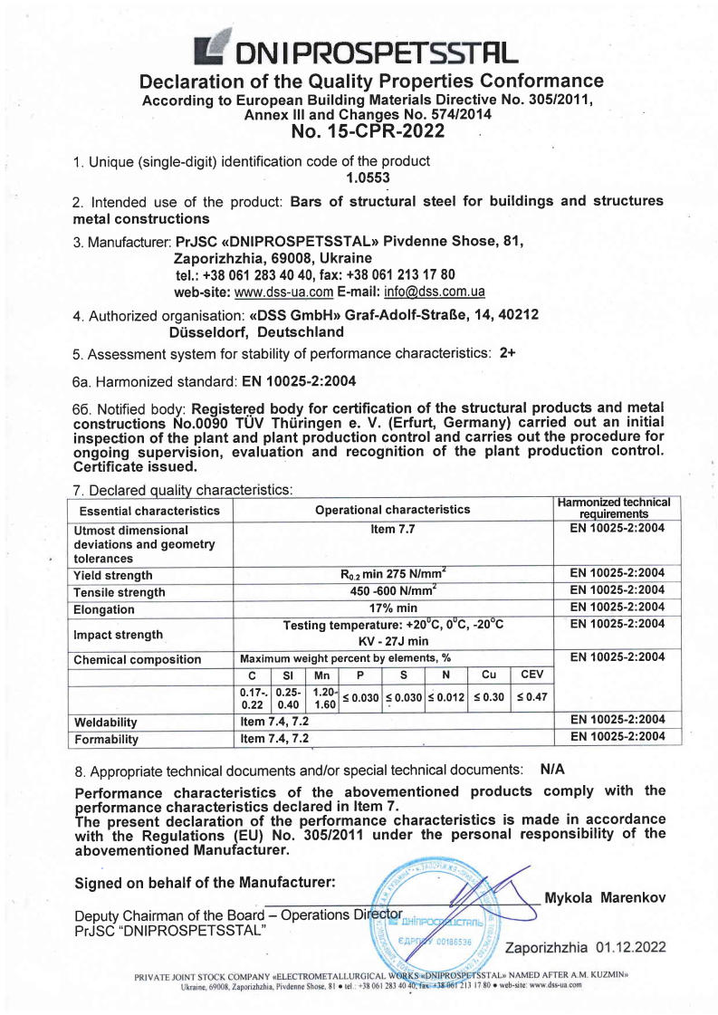 Declaration of the Quality Properties Conformance No. 15-CPR-2022 accoding to directive 305/2011